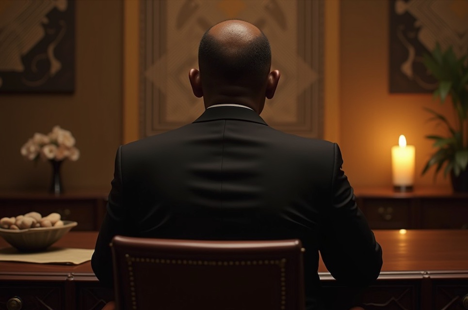 Le marabout Professeur  Sakho assis à son bureau