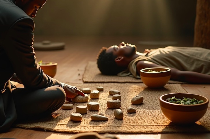 La thérapie du marabout guérisseur africain envers son patient